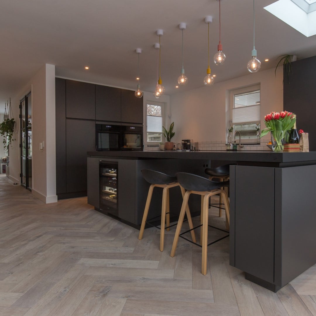 Amazone Raftwood Rustic Timber Floor Rustic texture herringbone wood flooring in kitchen area